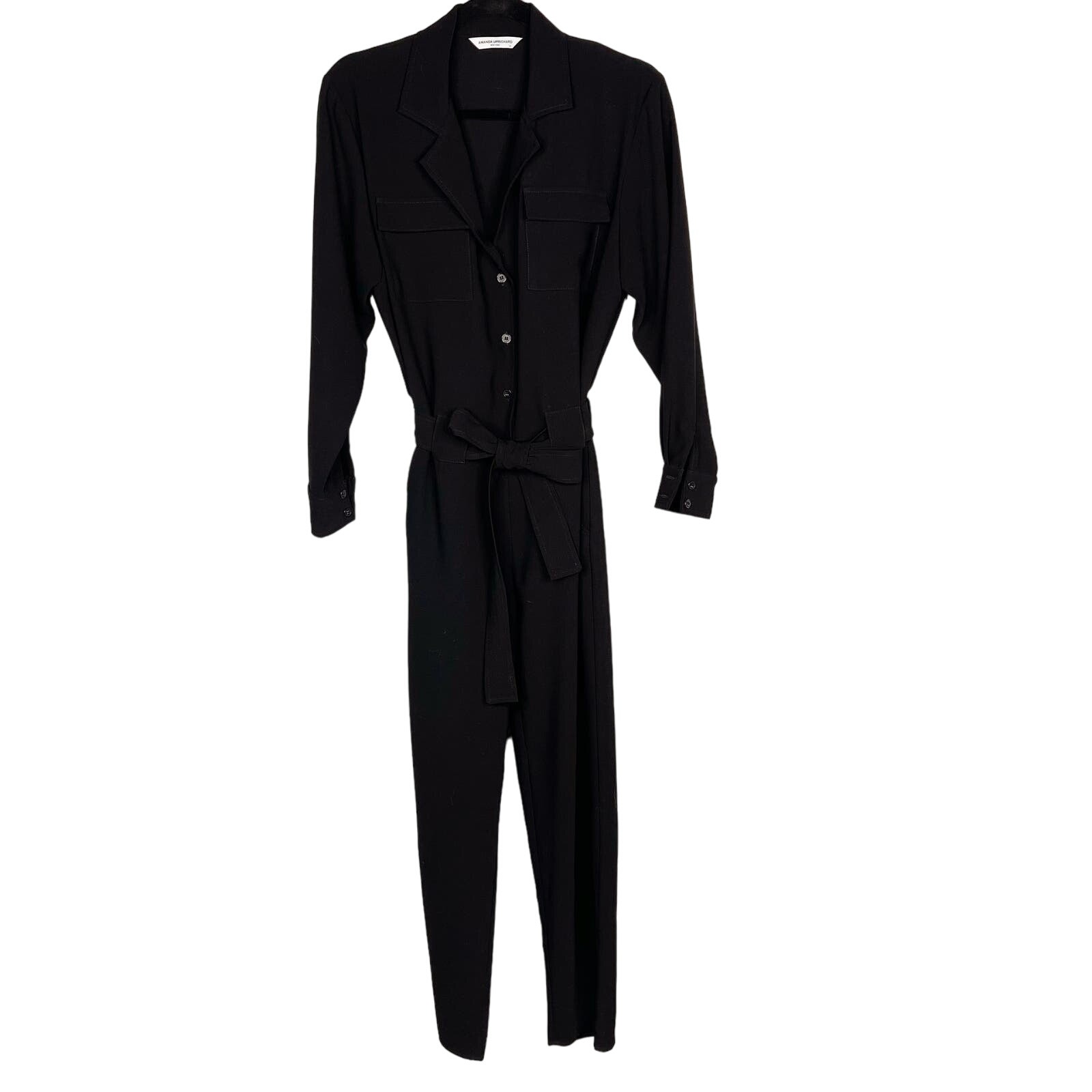 Amanda Uprichard Xs Black Micki Long Sleeve Jumpsuit Notched Label Tie Waist